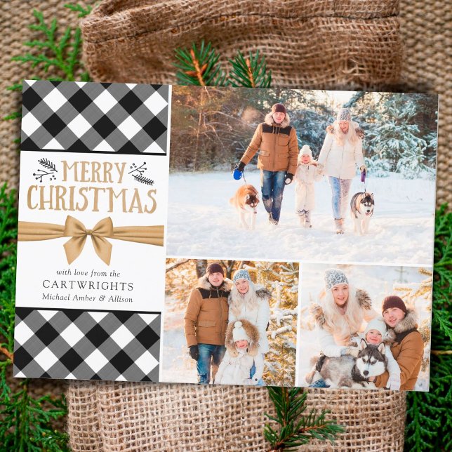 Budget Buffalo Plaid MERRY CHRISTMAS 3 Photo Card (Creator Uploaded)