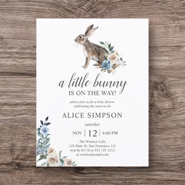 Budget Bunny Boho Dusty Blue Flower Baby Shower In Invitation Postcard (Creator Uploaded)