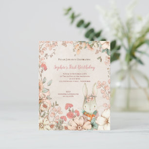 Budget Bunny Floral 1st Birthday Girl Invitation