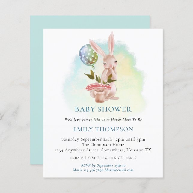 Budget Bunny Teal Baby Shower Invitation (Front/Back)
