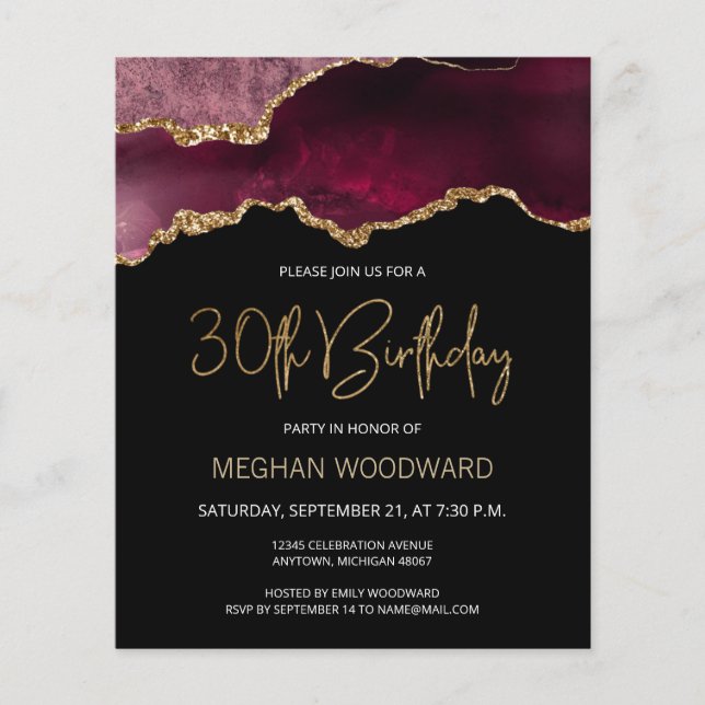 Budget Burgundy Agate 30th Birthday Invitation (Front)