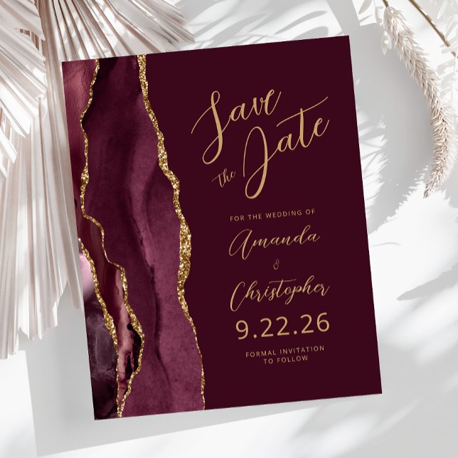 Budget Burgundy Agate Gold Script Save the Date (Creator Uploaded)