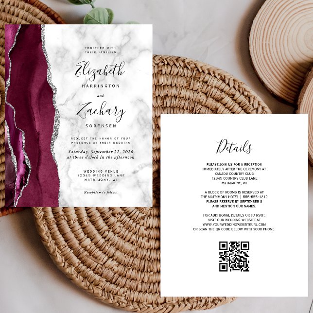 Budget Burgundy Agate Marble QR Code Wedding (Creator Uploaded)