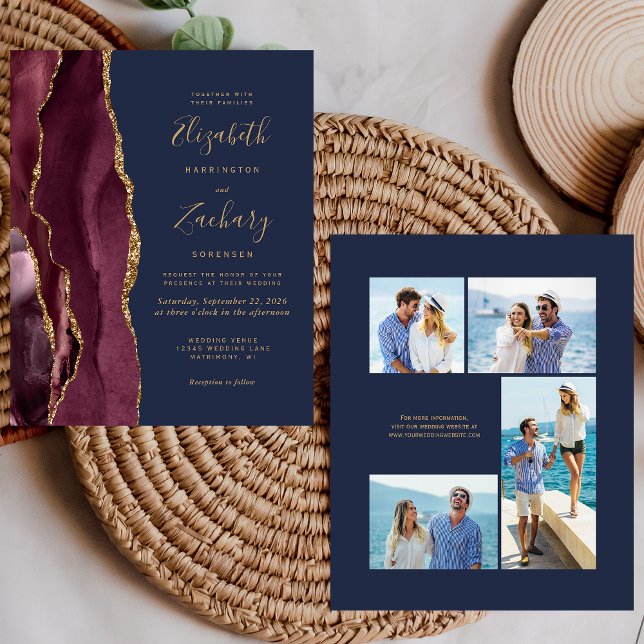 Budget Burgundy Agate Navy 4-Photo Wedding Invite (Creator Uploaded)