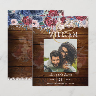 Budget Burgundy Blue Floral Lace Wedding SAVE DATE