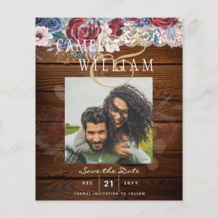 Budget Burgundy Blue Floral Lace Wedding SAVE DATE Flyer
