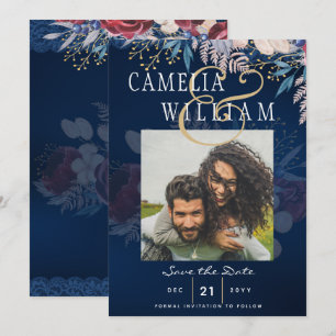 Budget Burgundy Blue Floral Lace Wedding SAVE DATE Invitation