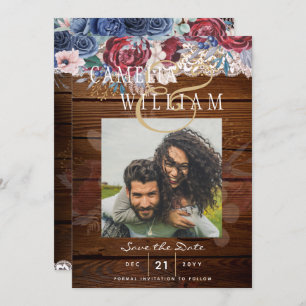 Budget Burgundy Blue Floral Lace Wedding SAVE DATE Invitation