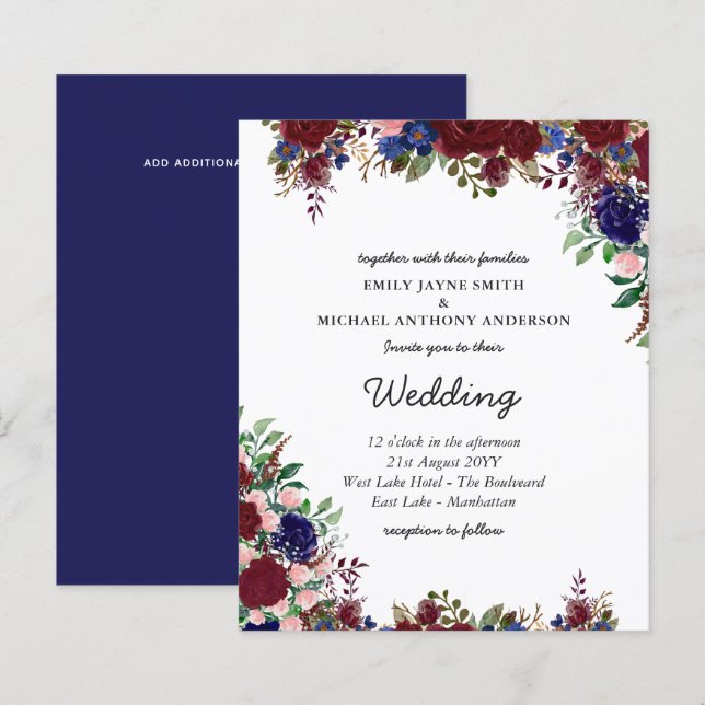 Budget Burgundy Blue Floral Wedding Invites (Front/Back)