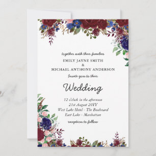 Budget Burgundy Blue Floral Wedding Invites