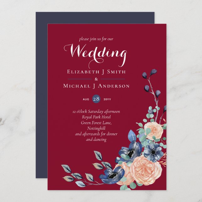 Budget Burgundy Blue Peach Floral Wedding (Front/Back)
