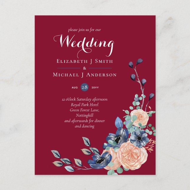 Budget Burgundy Blue Peach Floral Wedding Postcard (Front)