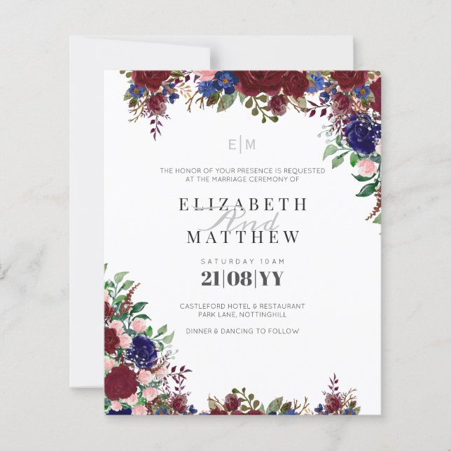 Budget Burgundy Blue Roses Modern Wedding Invites (Front)