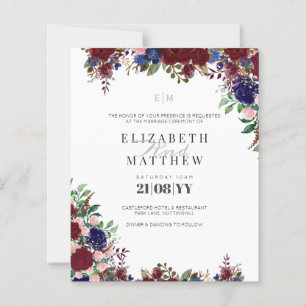 Budget Burgundy Blue Roses Modern Wedding Invites