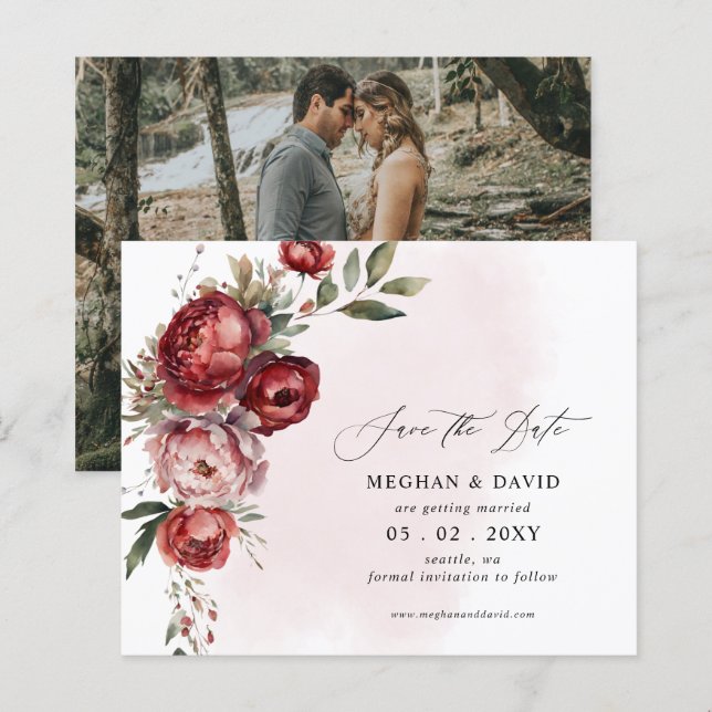 Budget Burgundy Blush Floral Photo Save the Date (Front/Back)