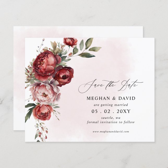 Budget Burgundy Blush Floral Save the Date (Front/Back)