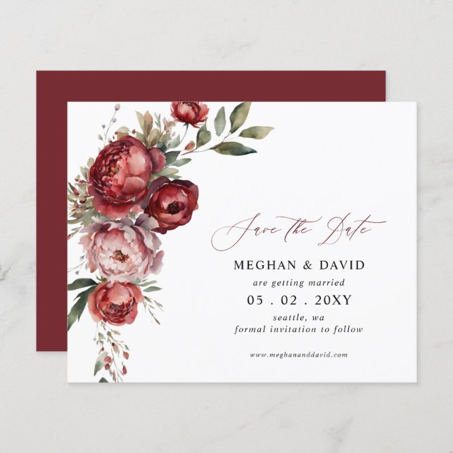Budget Burgundy Blush Floral Save the Date (Front/Back)