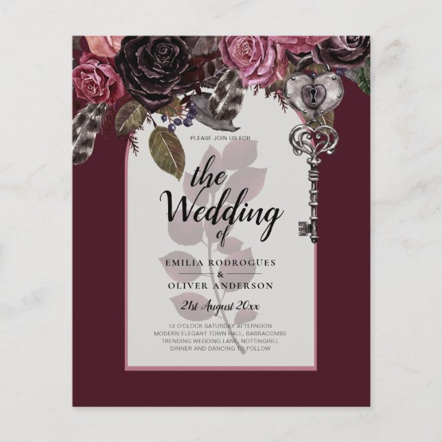 Budget Burgundy Blush Floral Wedding Invite SATIN (Front)