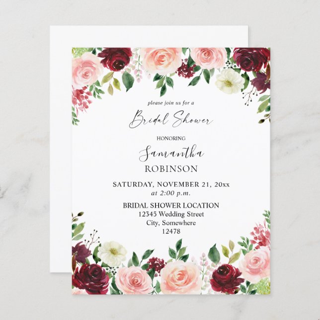 Budget Burgundy Blush Pink 4 Floral Bridal Shower2 (Front/Back)
