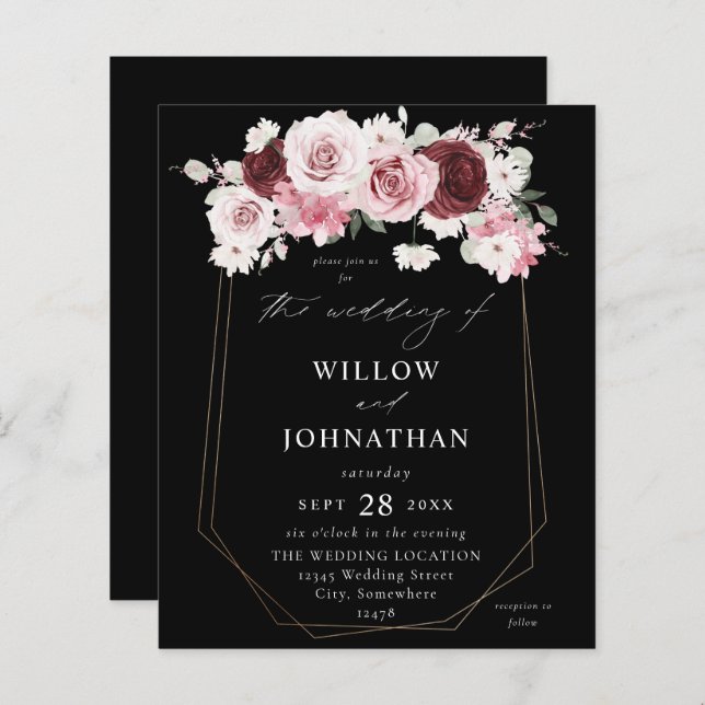 Budget Burgundy & Blush Pink 6Ele Floral Wedding B (Front/Back)