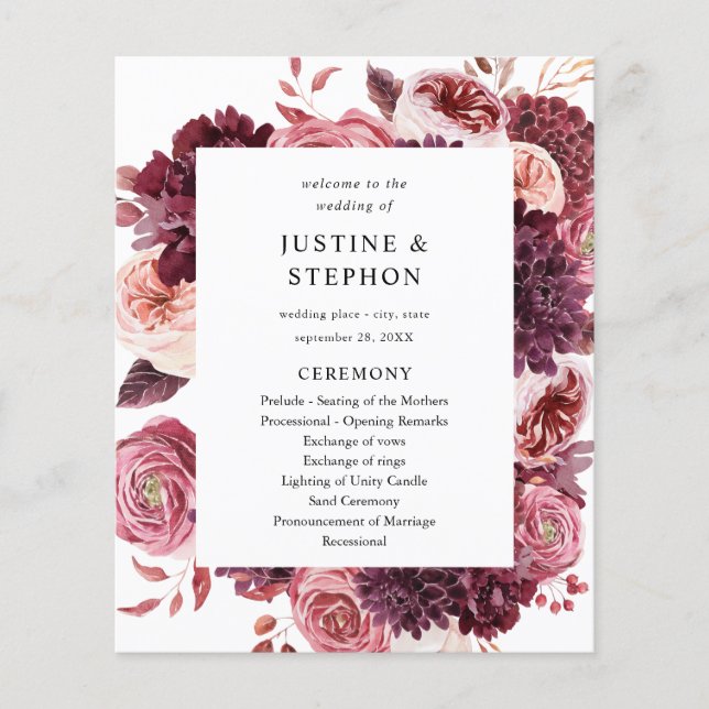 Budget Burgundy & Blush Pink 8B Wedding Ceremony Flyer (Front)