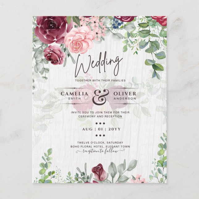 BUDGET Burgundy Blush Pink Floral Wedding INVITE Flyer (Front)