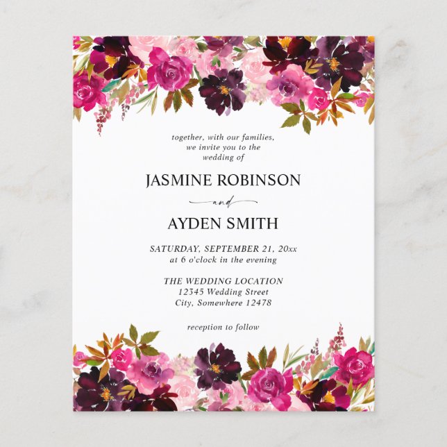 Budget Burgundy Blush Pink & Purple Floral Wedding Flyer (Front)