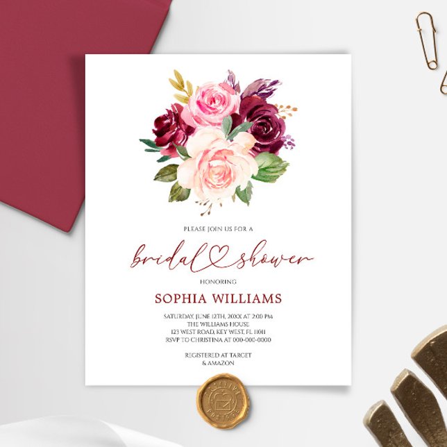 Budget Burgundy Bridal Shower Invitation (Creator Uploaded)