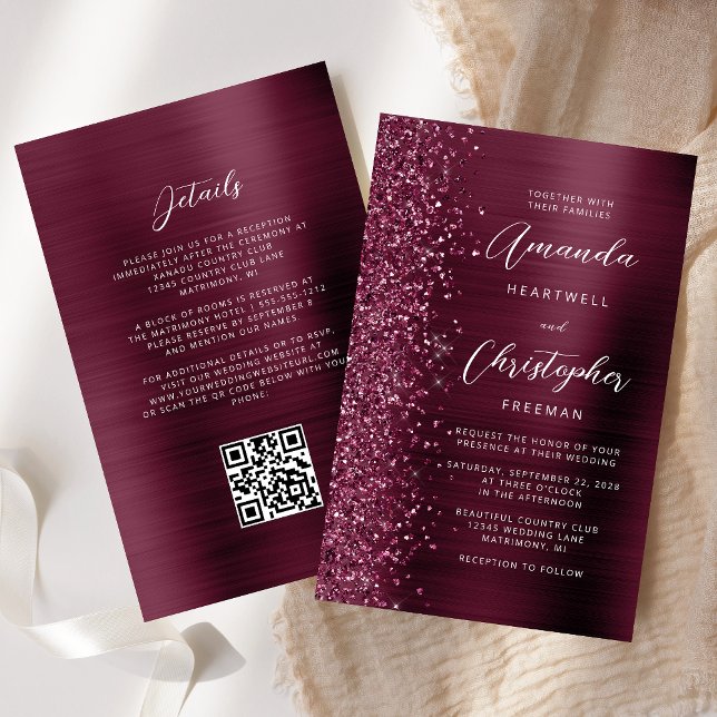 Budget Burgundy Brushed Metal QR Code Wedding (Creator Uploaded)