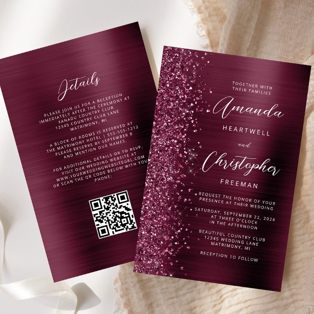 Budget Burgundy Brushed Metal QR Code Wedding (Creator Uploaded)