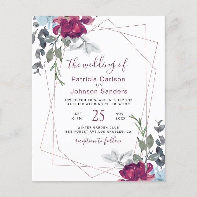 Budget burgundy chic floral wedding invitation (Front)