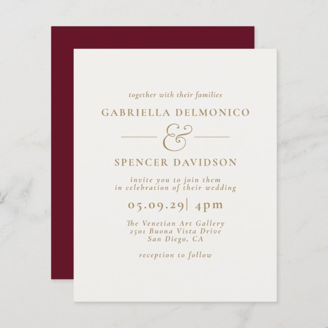 BUDGET Burgundy Cream Gold Wedding Invitation (Front/Back)