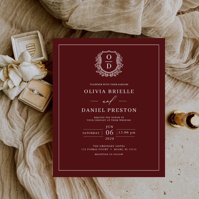 Budget Burgundy Crest Elegant Wedding Invitation (Creator Uploaded)