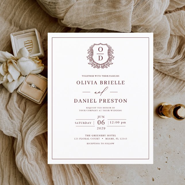 Budget Burgundy Elegant Crest Wedding Invitation (Creator Uploaded)