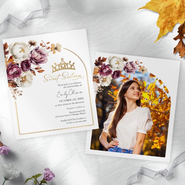 Budget Burgundy Fall Sweet 16 Photo Invitations (Creator Uploaded)