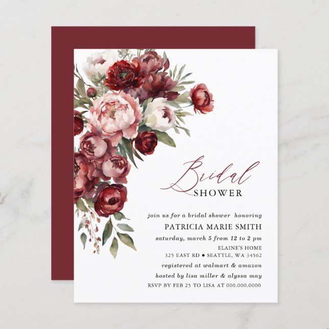 Budget Burgundy Floral Bridal Shower Invitations (Front/Back)