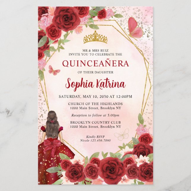 Budget Burgundy Floral Gold Princess Quinceañera (Front)