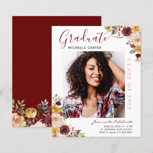 Budget Burgundy Floral Graduation Announcement
