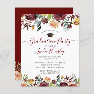 Budget Burgundy Floral Graduation Party Invitation