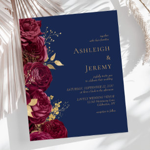 Budget Burgundy Floral Navy Blue Wedding Invite