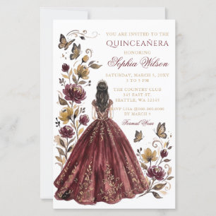 Budget Burgundy Floral Princess Quinceañera