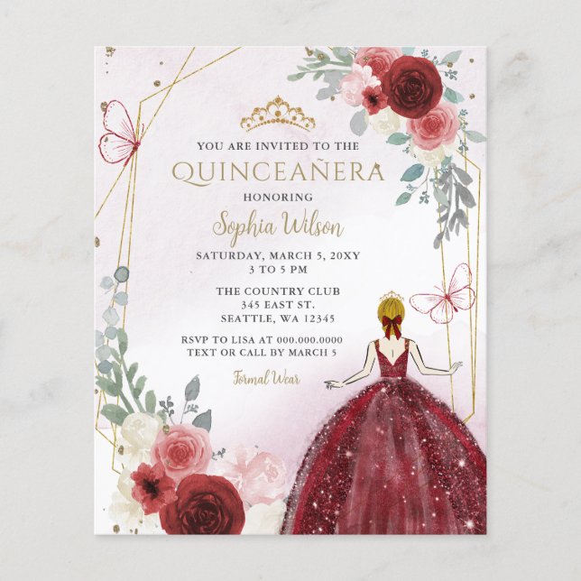 Budget Burgundy Floral Princess Quinceañera Invite (Front)