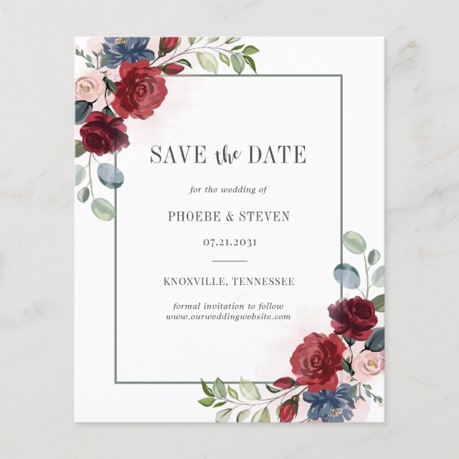 Budget Burgundy Floral Rustic Save the Date (Front)
