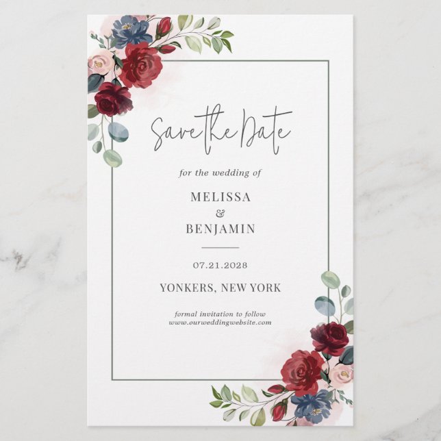 Budget Burgundy Floral Rustic Save the Date Flyer (Front)