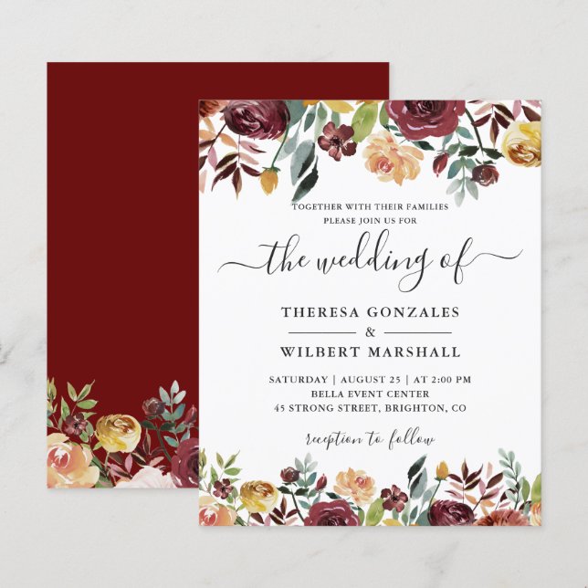 Budget Burgundy Floral Wedding Invitation (Front/Back)