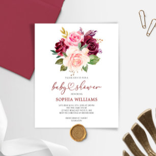 Budget Burgundy Flowers Baby Shower Invitation