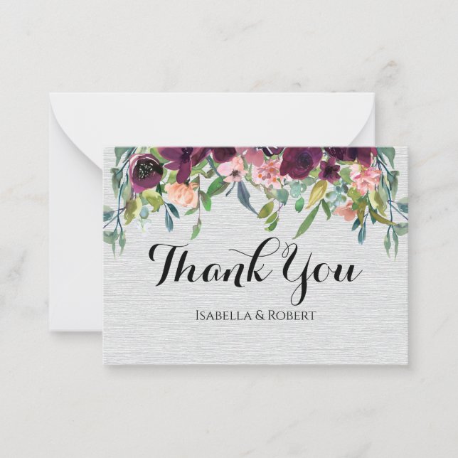 BUDGET Burgundy Flowers Wedding Thank You Note Card (Front)
