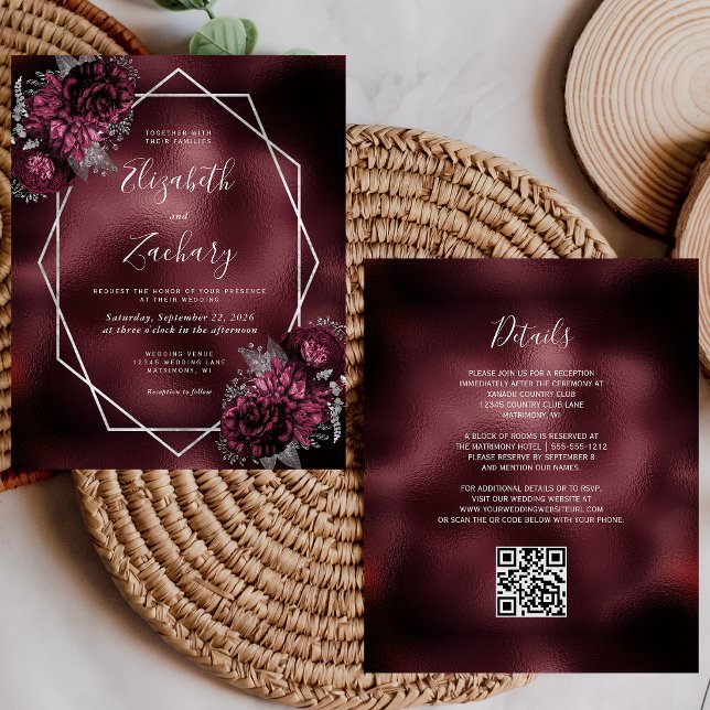 Budget Burgundy Foil Silver Floral QR Code Wedding (Creator Uploaded)