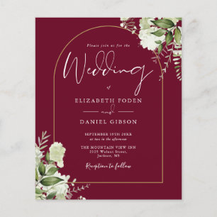 Budget Burgundy Foliage Gold Arch Wedding Invite