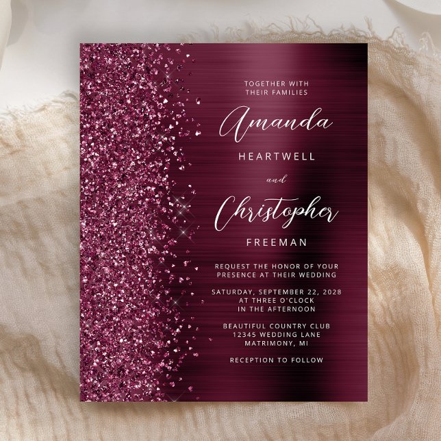Budget Burgundy Glam Glitter Wedding Invitation (Creator Uploaded)